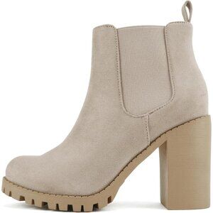 Women's Clay Imitation Suede Lug Sole Ankle Boot Elastic Gore Chunky Heel Bootie